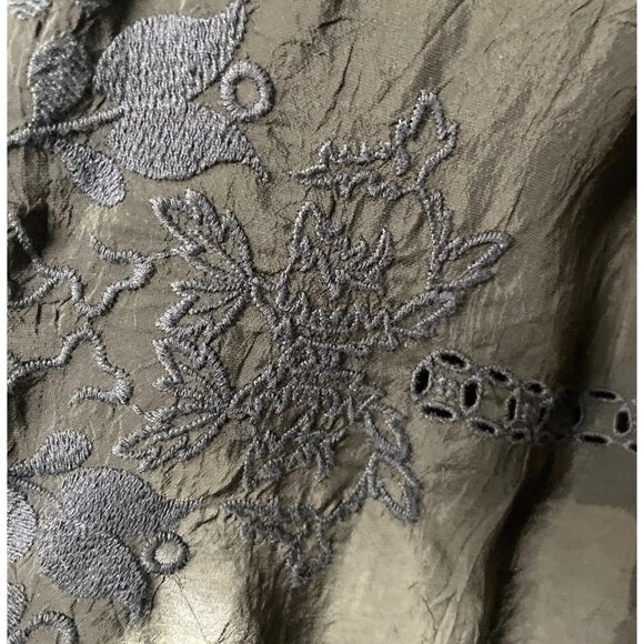 Johnny Was Black Embroidered Button-Front Blouse Roll Tab Sleeve Waist Tie Small - Picture 9 of 11